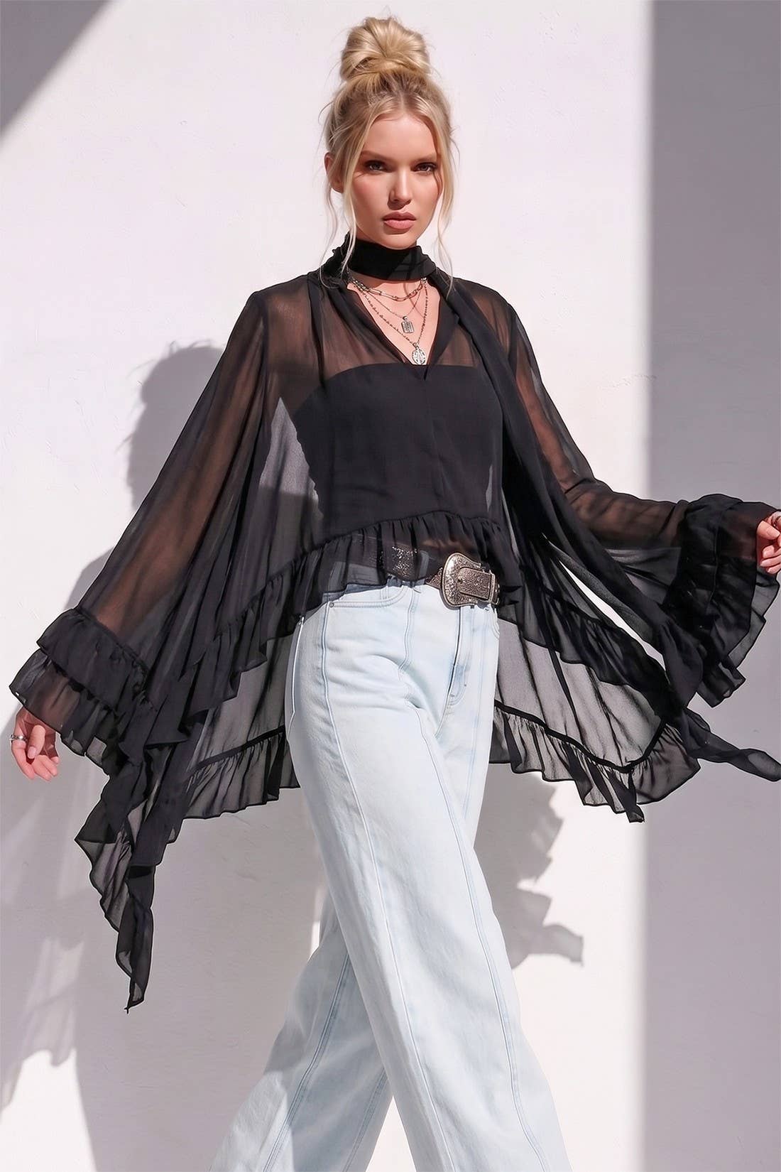 Sheer Ruffle Asymmetrical Blouse