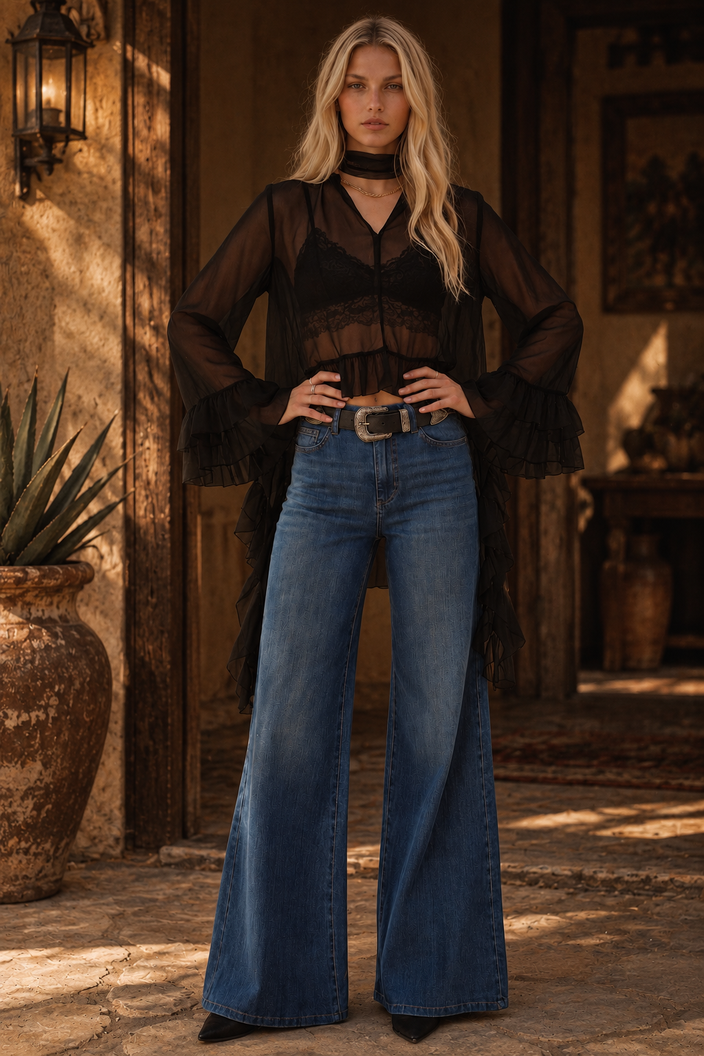 Sheer Ruffle Asymmetrical Blouse