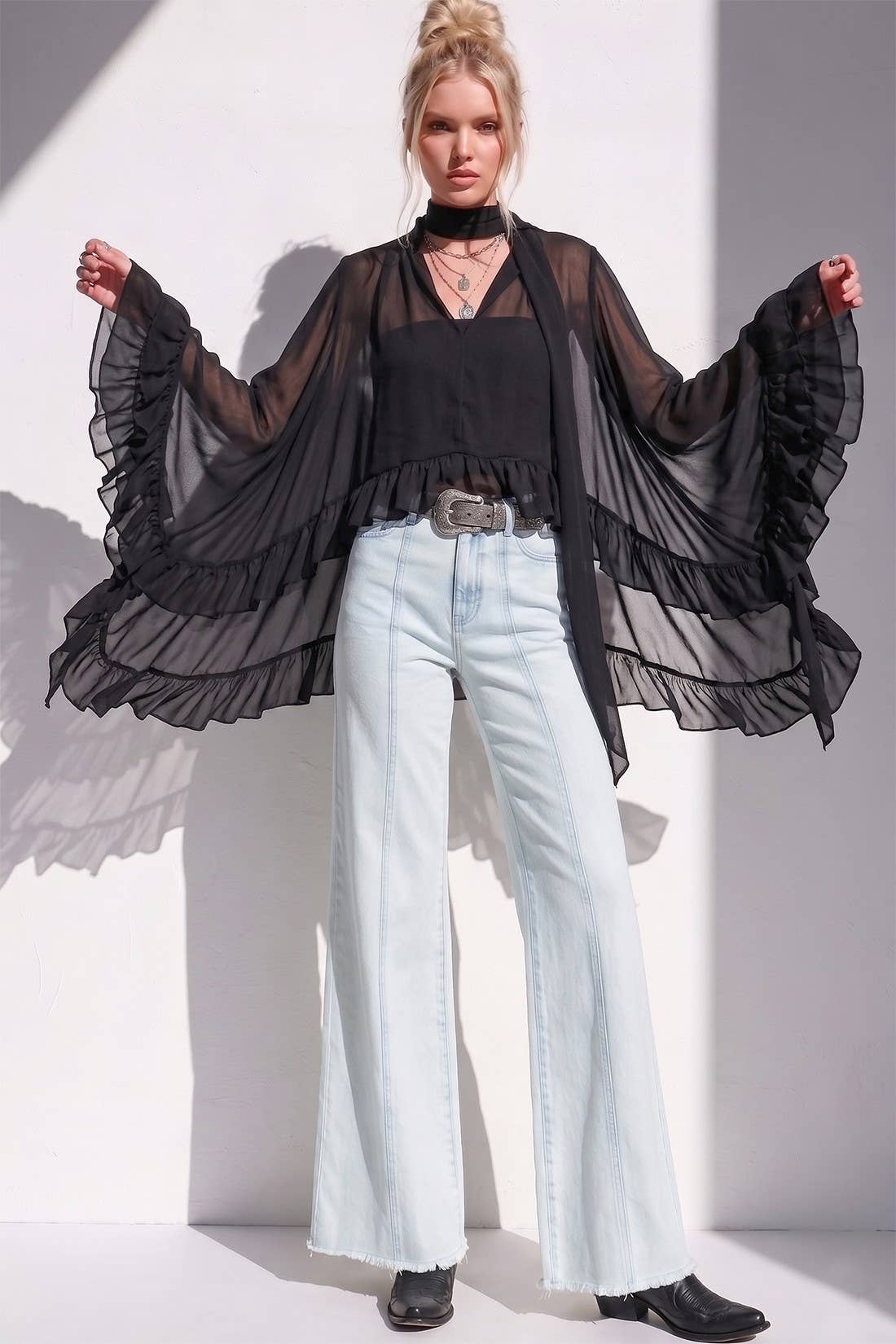 Sheer Ruffle Asymmetrical Blouse